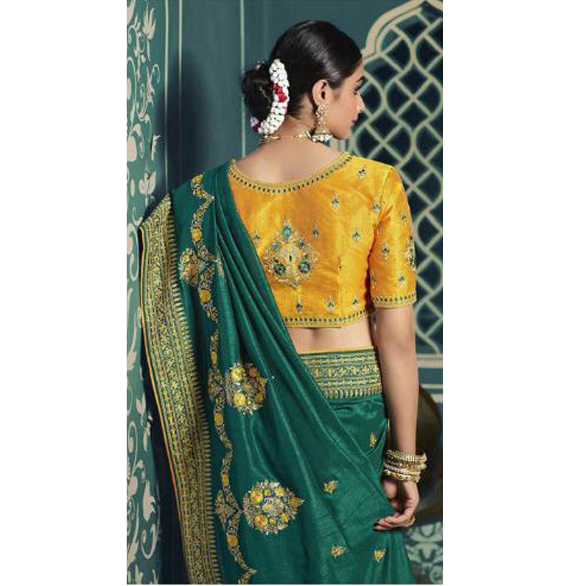 Green Festive Wear Embroidered Silk Saree - Peachmode