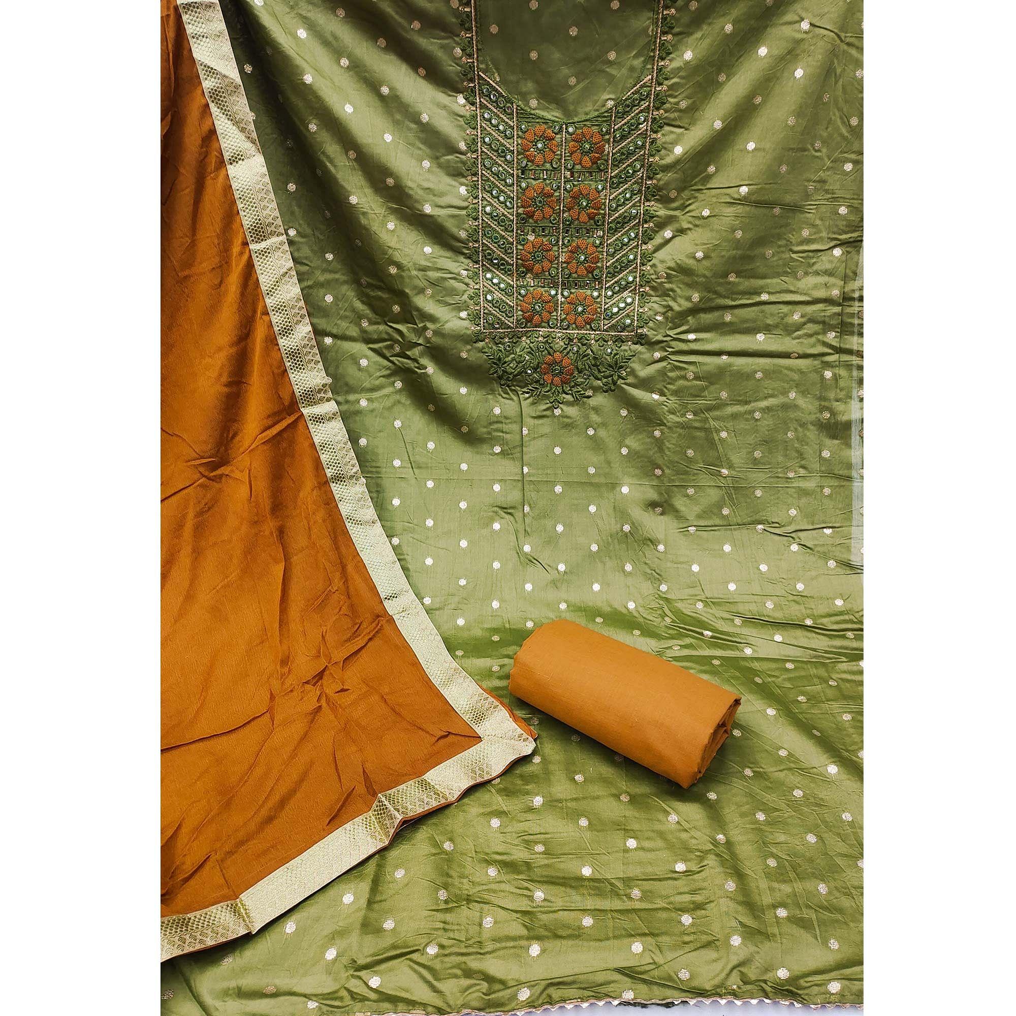 Green Festive Wear Embroidered With Embellished Chanderi Dress Material - Peachmode