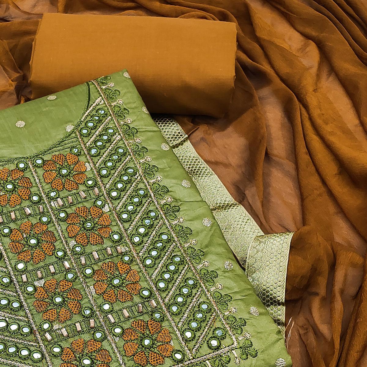 Green Festive Wear Embroidered With Embellished Chanderi Dress Material - Peachmode