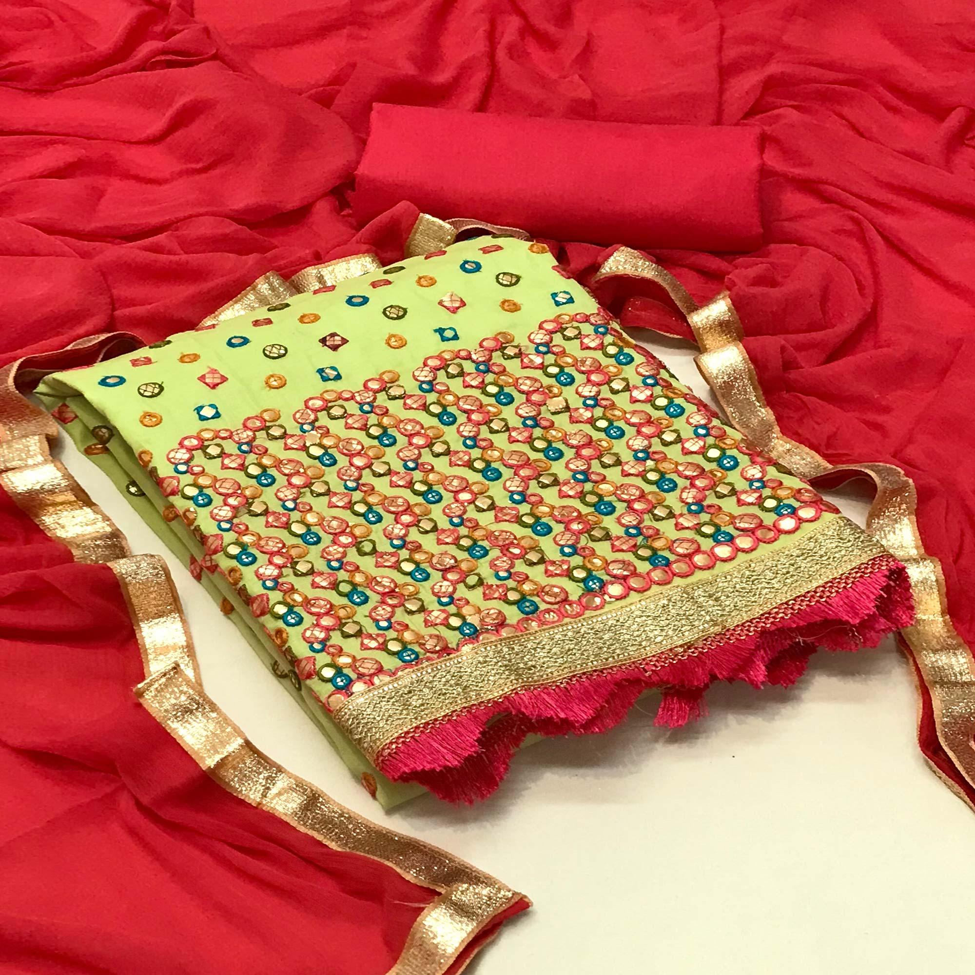 Green Festive Wear Embroidery With Embellished Cotton Dress Material - Peachmode