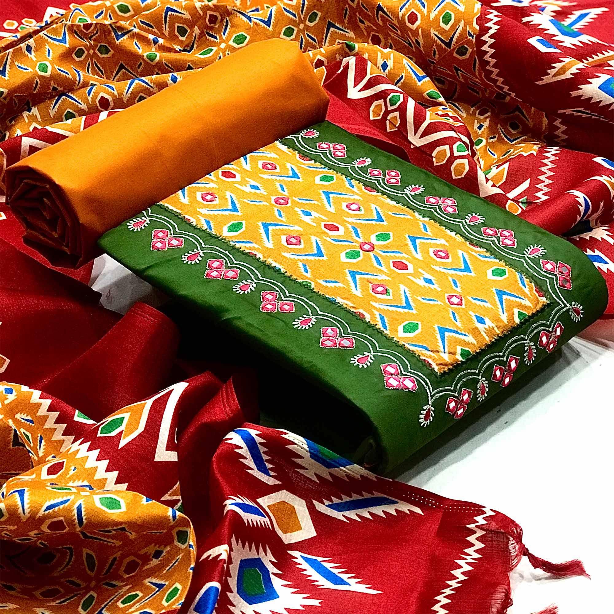 Green Festive Wear Embroidery With Embellished Cotton Dress Material - Peachmode