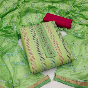 Green Festive Wear Embroidery With Embellished Cotton Dress Material - Peachmode
