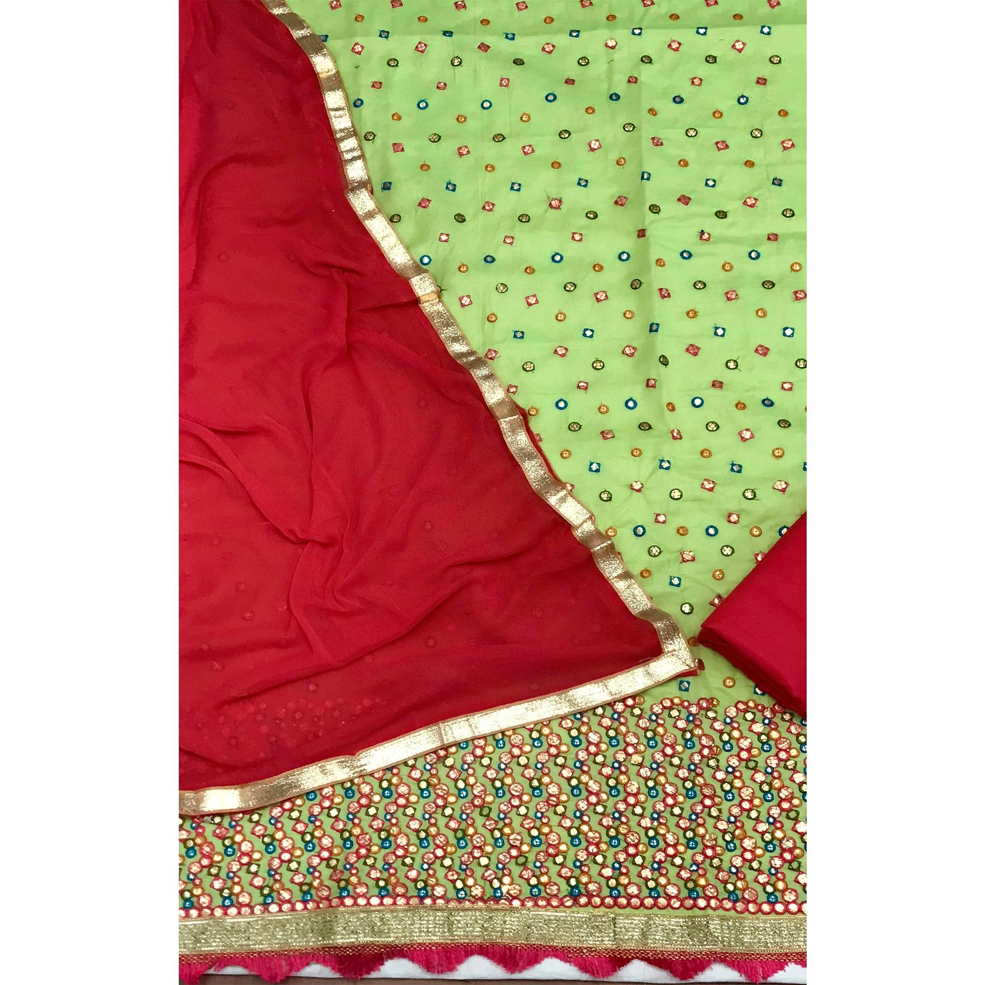 Green Festive Wear Embroidery With Embellished Cotton Dress Material - Peachmode