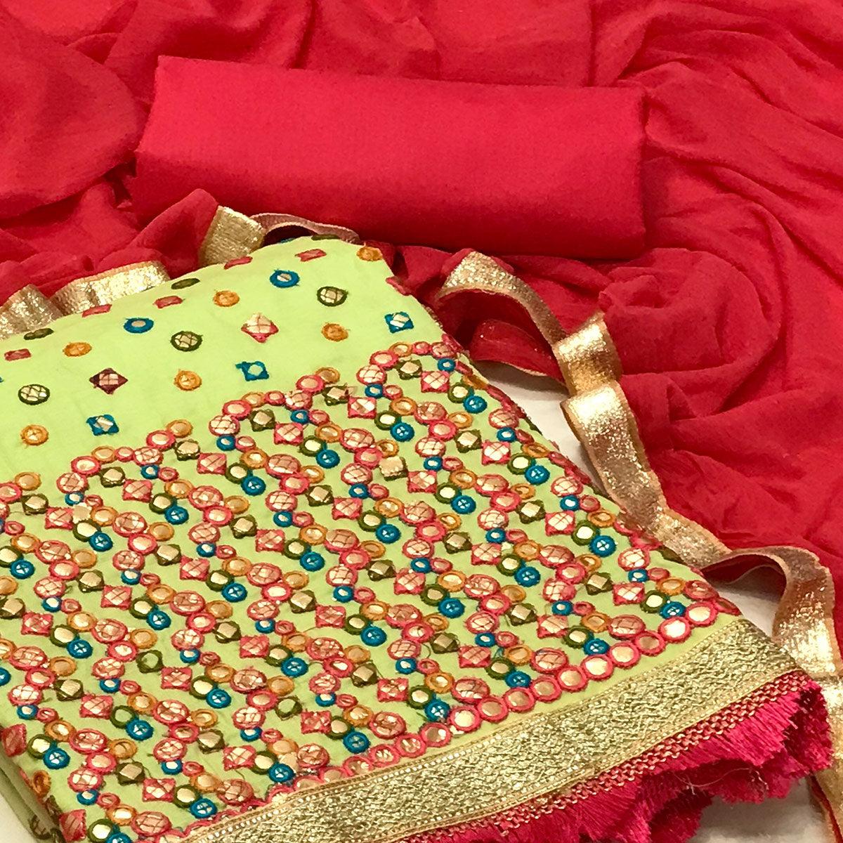 Green Festive Wear Embroidery With Embellished Cotton Dress Material - Peachmode