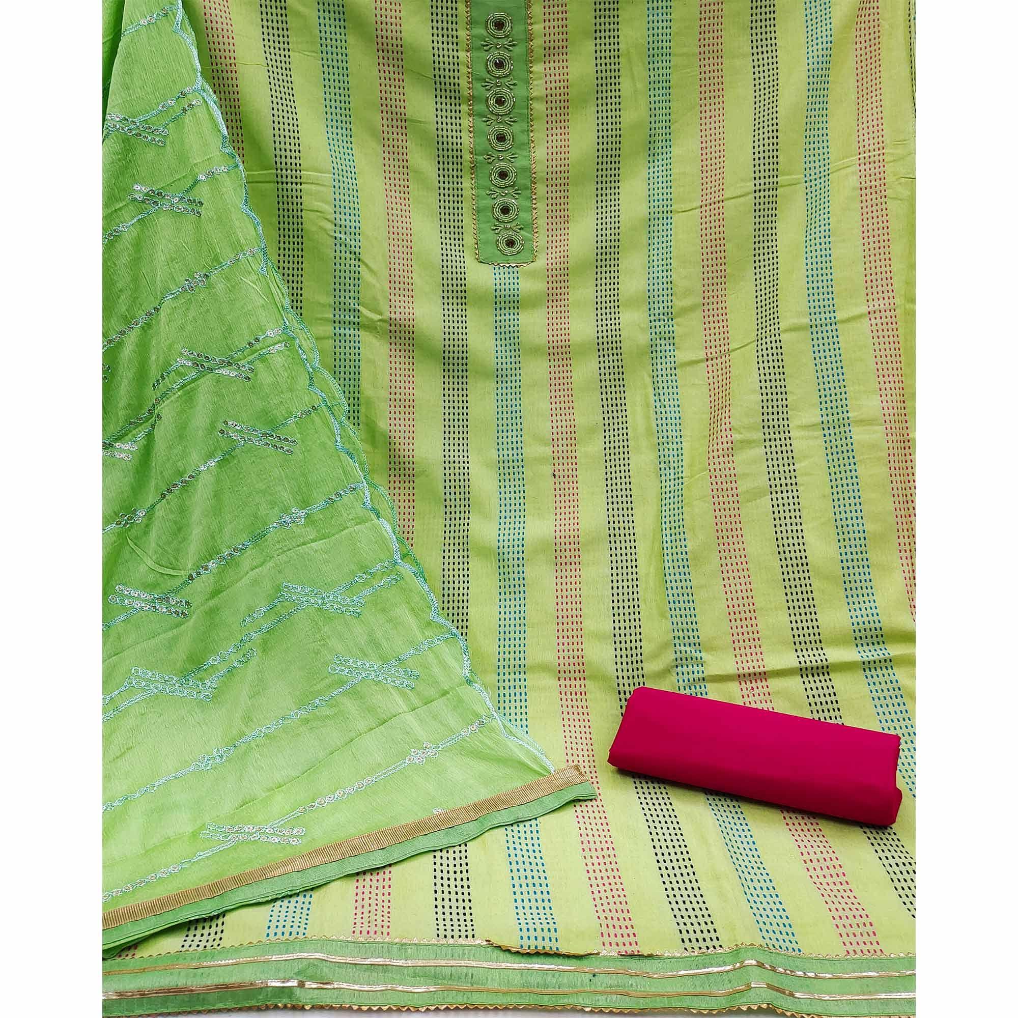 Green Festive Wear Embroidery With Embellished Cotton Dress Material - Peachmode