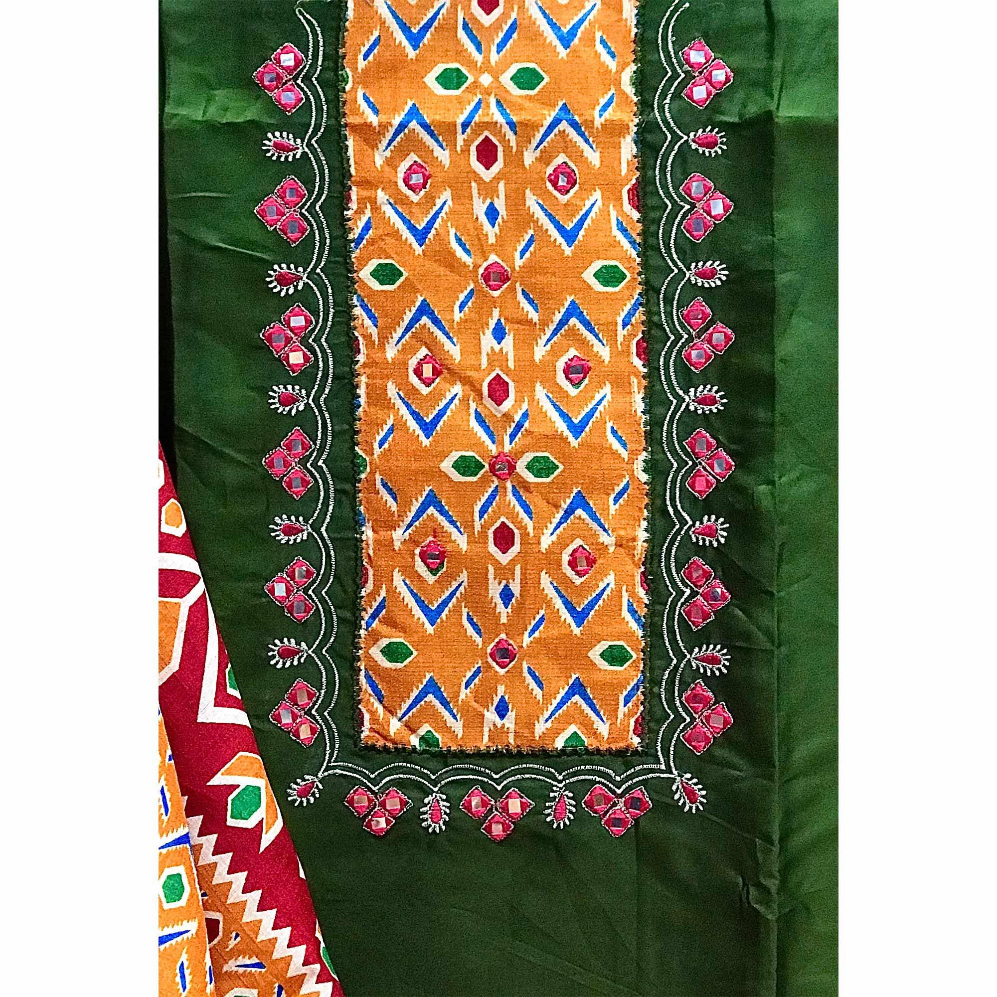 Green Festive Wear Embroidery With Embellished Cotton Dress Material - Peachmode