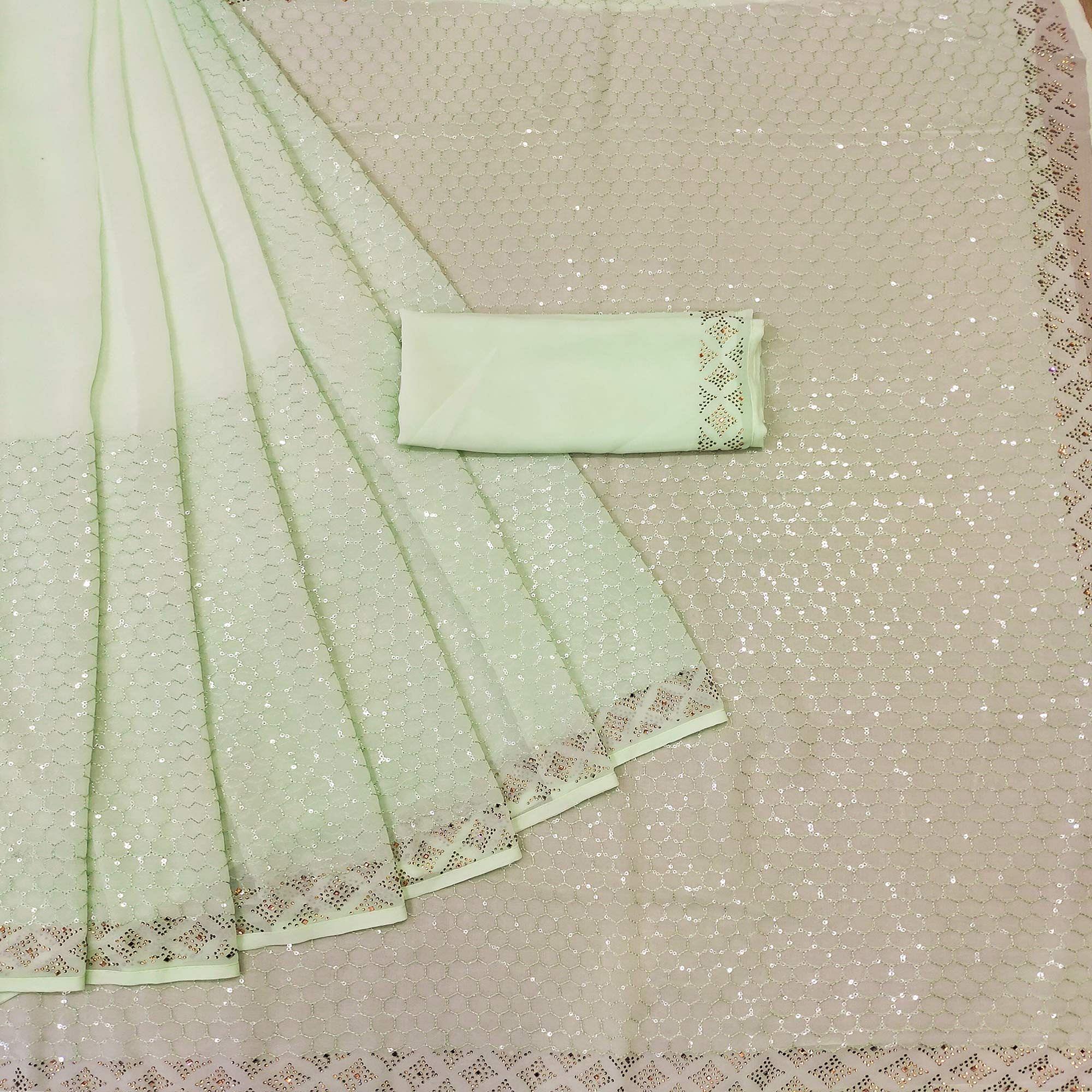 Green Festive Wear Embroidery With Embellished Georgette Saree - Peachmode