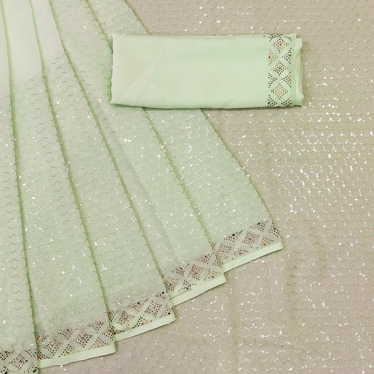 Green Festive Wear Embroidery With Embellished Georgette Saree - Peachmode