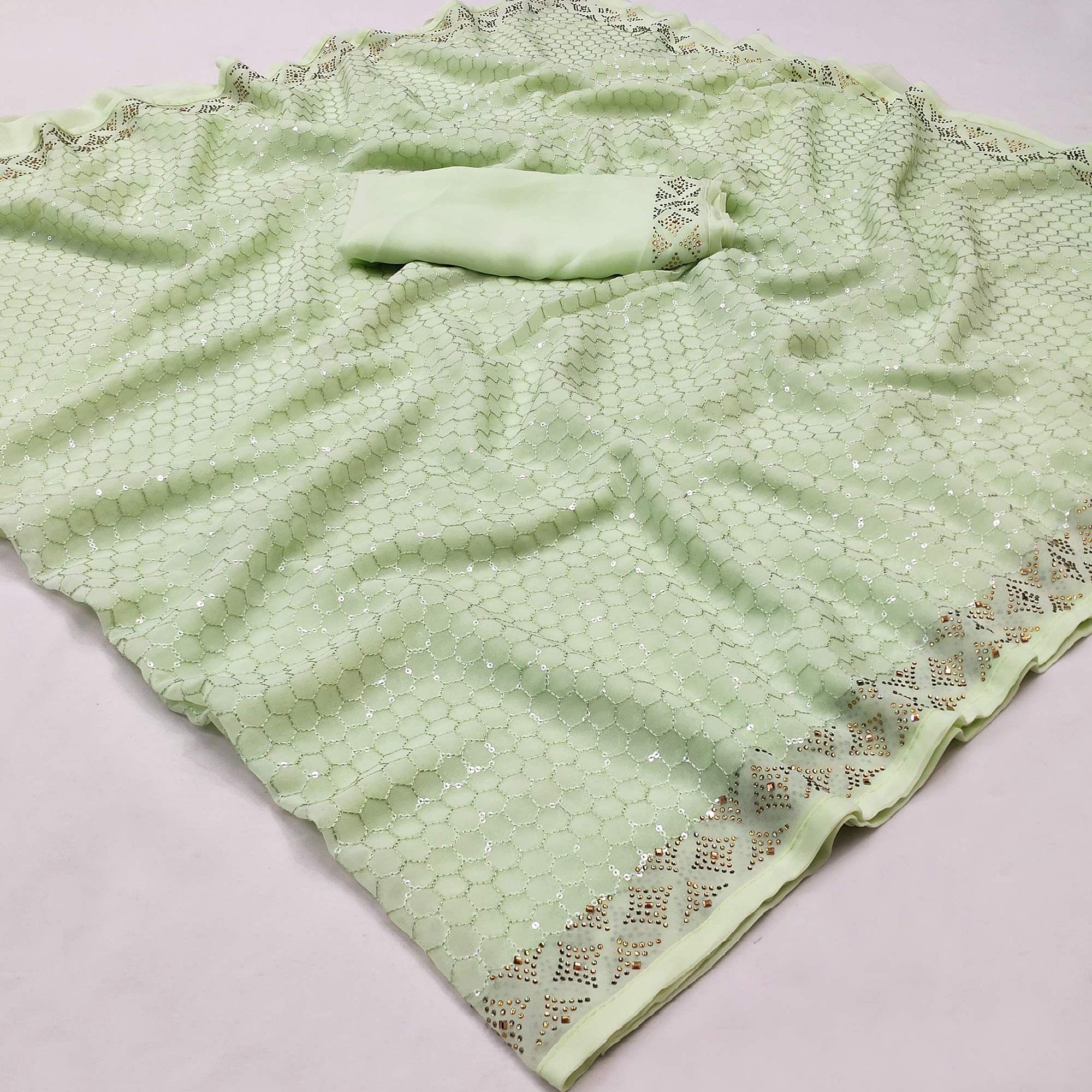 Green Festive Wear Embroidery With Embellished Georgette Saree - Peachmode