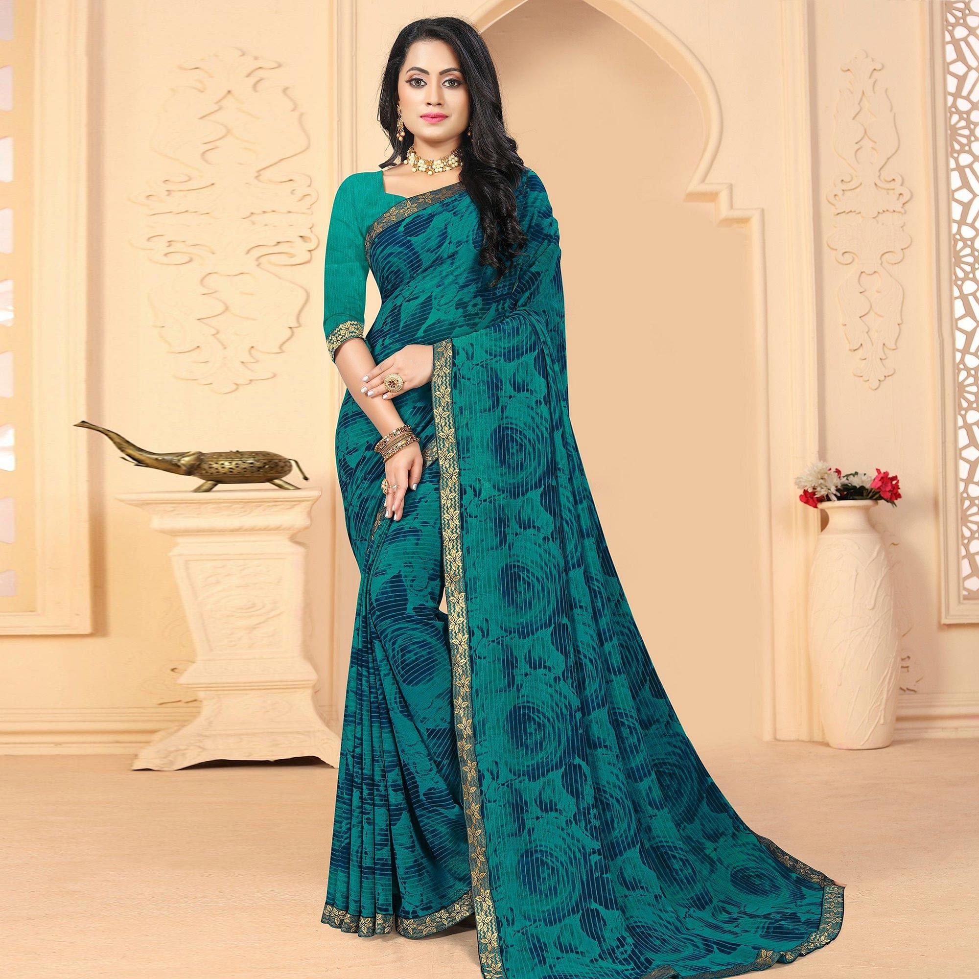 Green Festive Wear Floral & Stripes Printed Work Georgette Designer Saree - Peachmode