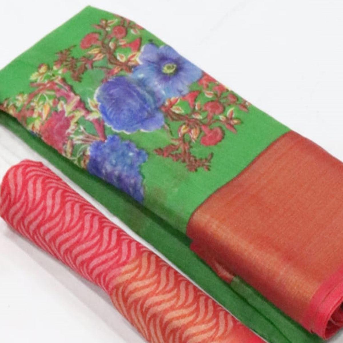 Green Festive Wear Floral Digital Print With Sonakshi Zari Border Cotton Saree - Peachmode