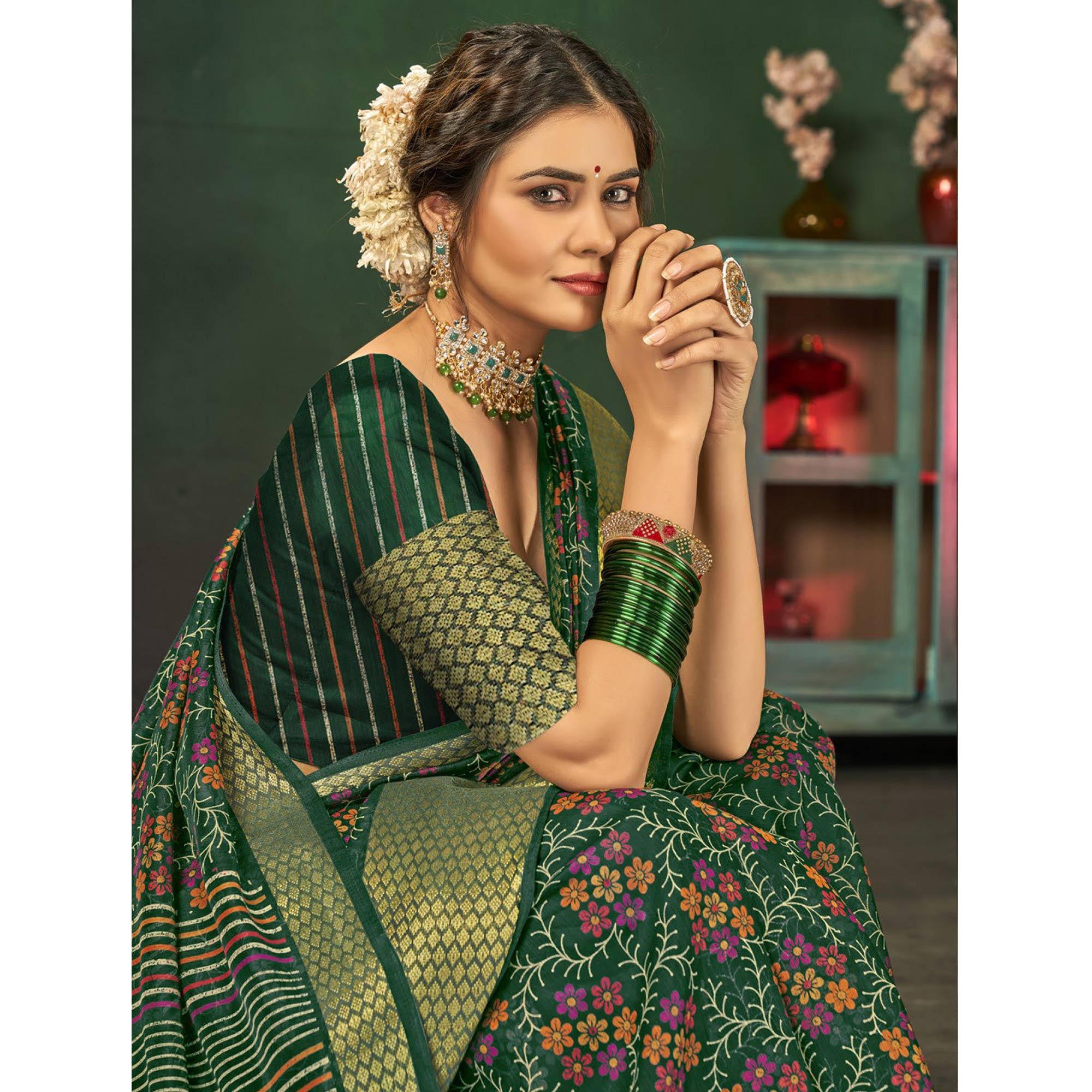 Green Festive Wear Floral Digital Printed Cotton Saree - Peachmode