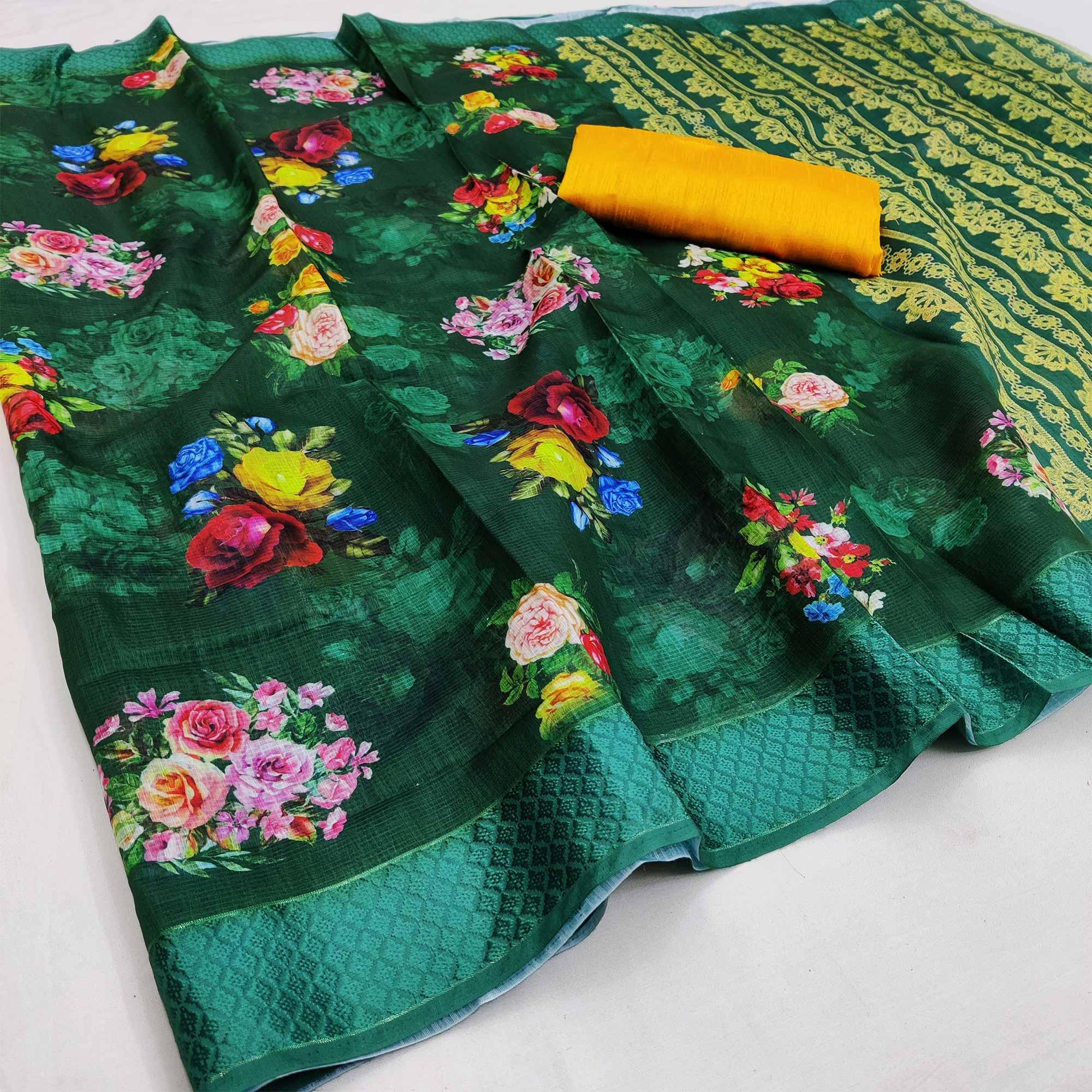 Green Festive Wear Floral Digital Printed With Woven Border Soft Cotton Saree - Peachmode