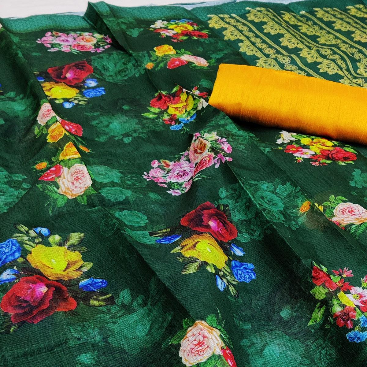 Green Festive Wear Floral Digital Printed With Woven Border Soft Cotton Saree - Peachmode