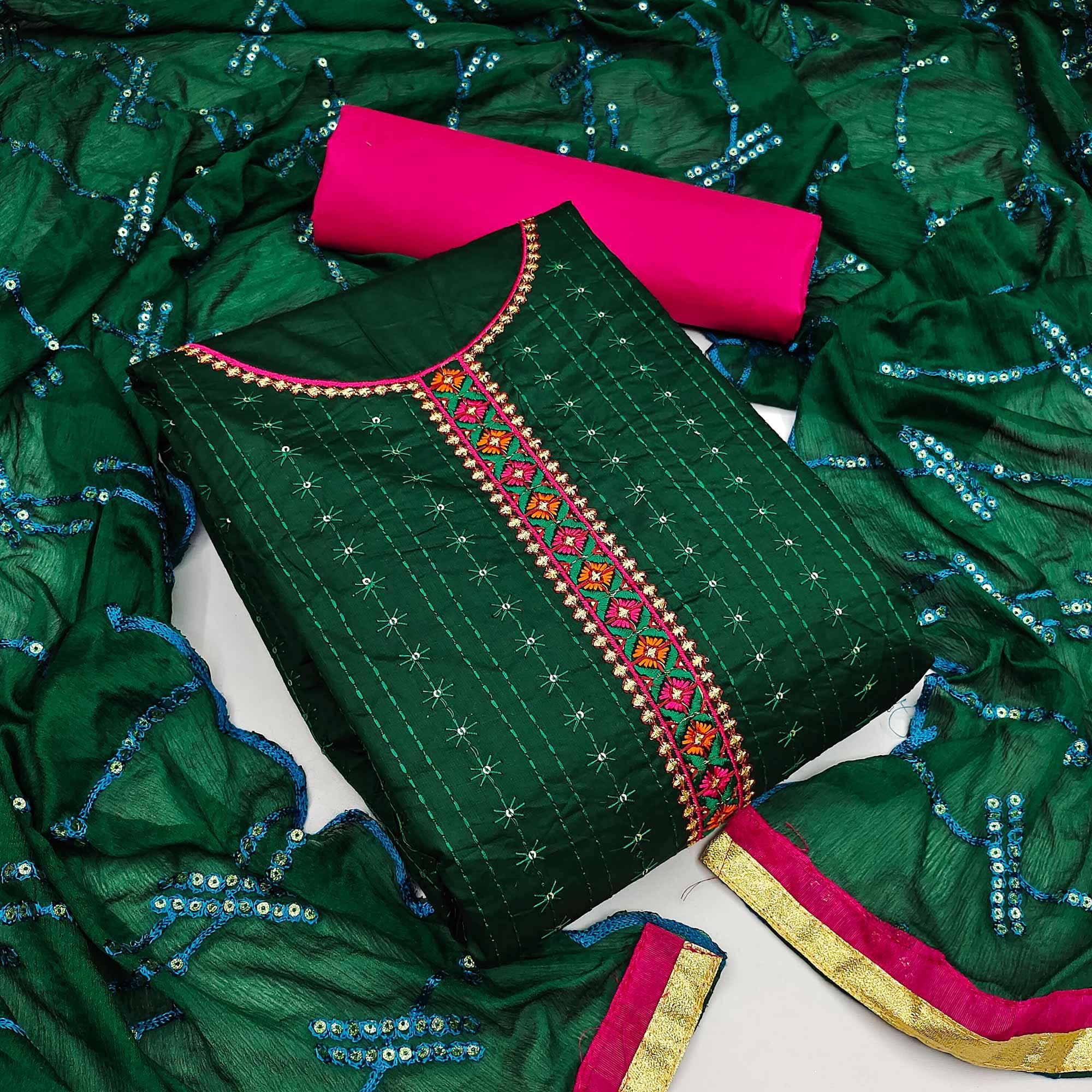 Green Festive Wear Floral Embroidered Cotton Dress Material - Peachmode