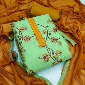 Green Festive Wear Floral Embroidered Cotton Dress Material - Peachmode