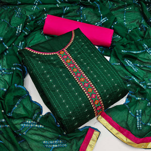 Green Festive Wear Floral Embroidered Cotton Dress Material - Peachmode