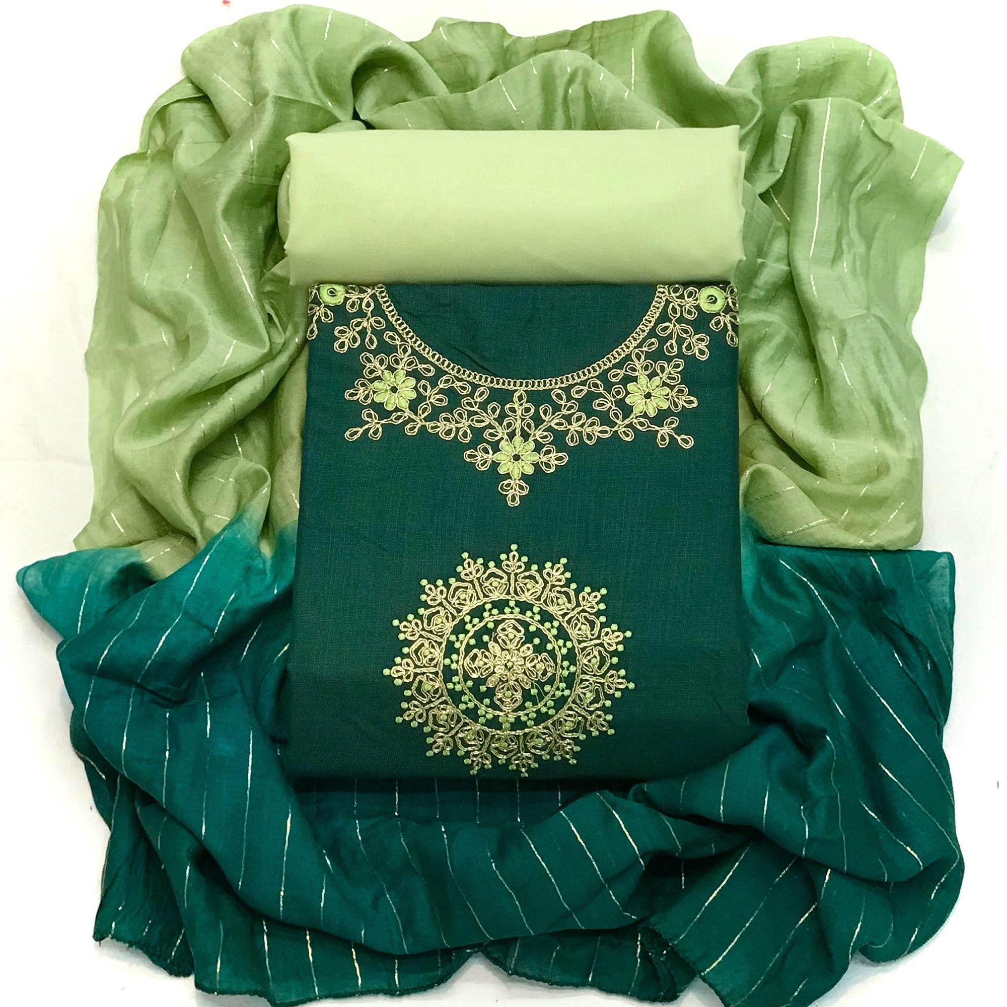 Green Festive Wear Floral Embroidered Cotton Dress Material - Peachmode