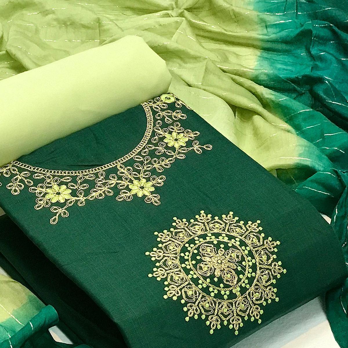 Green Festive Wear Floral Embroidered Cotton Dress Material - Peachmode