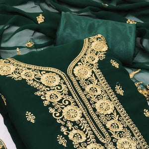 Green Festive Wear Floral Embroidered Georgette Dress Material - Peachmode