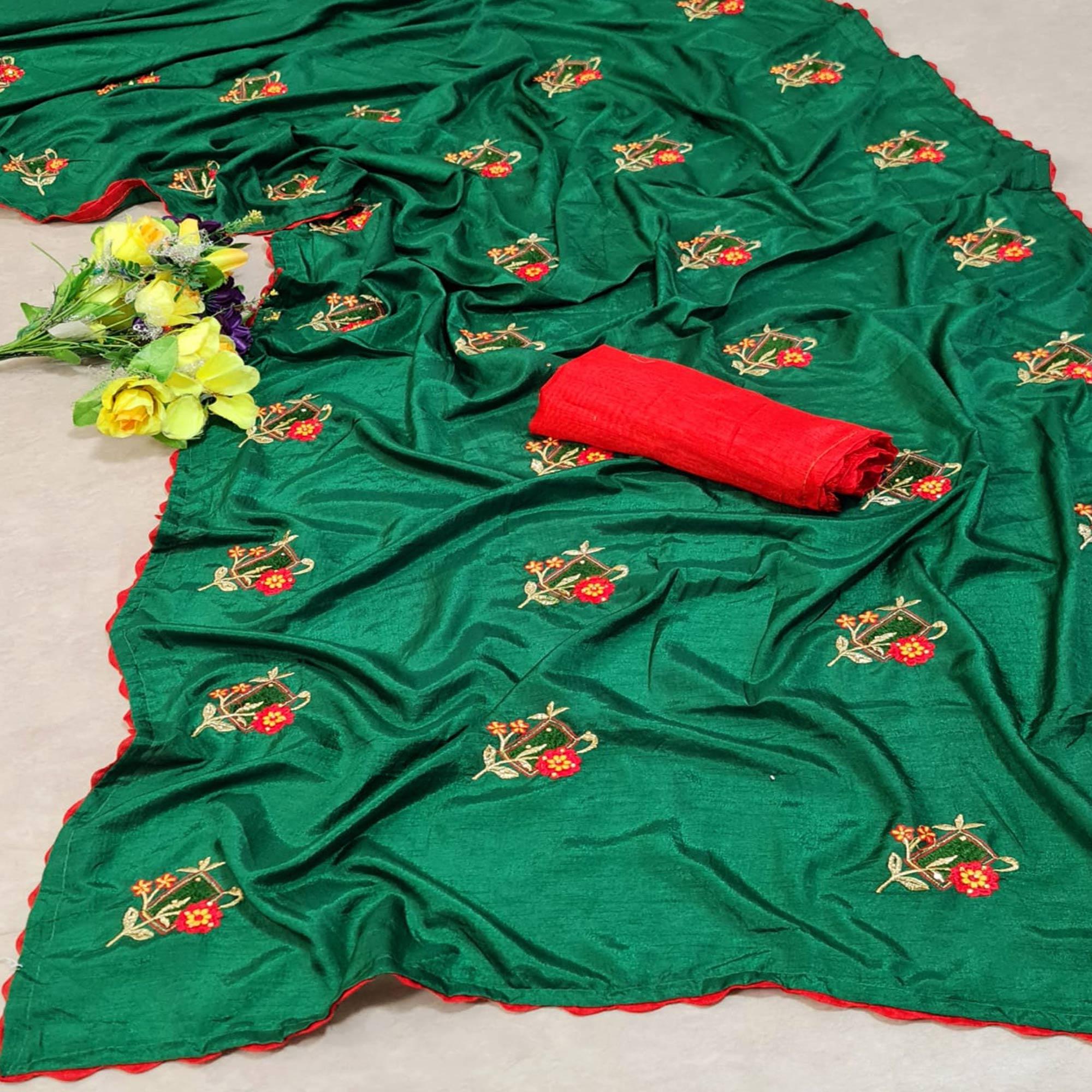 Green Festive Wear Floral Embroidered With Diamond Dola Silk Saree - Peachmode