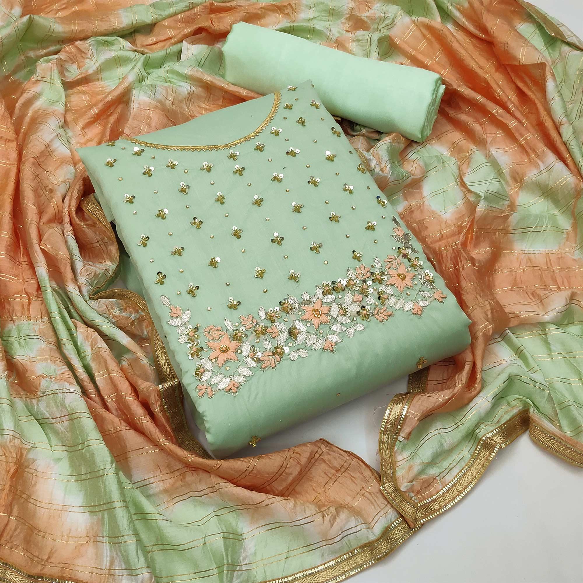 Green Festive Wear Floral Handwork Modal Chanderi Dress Material - Peachmode