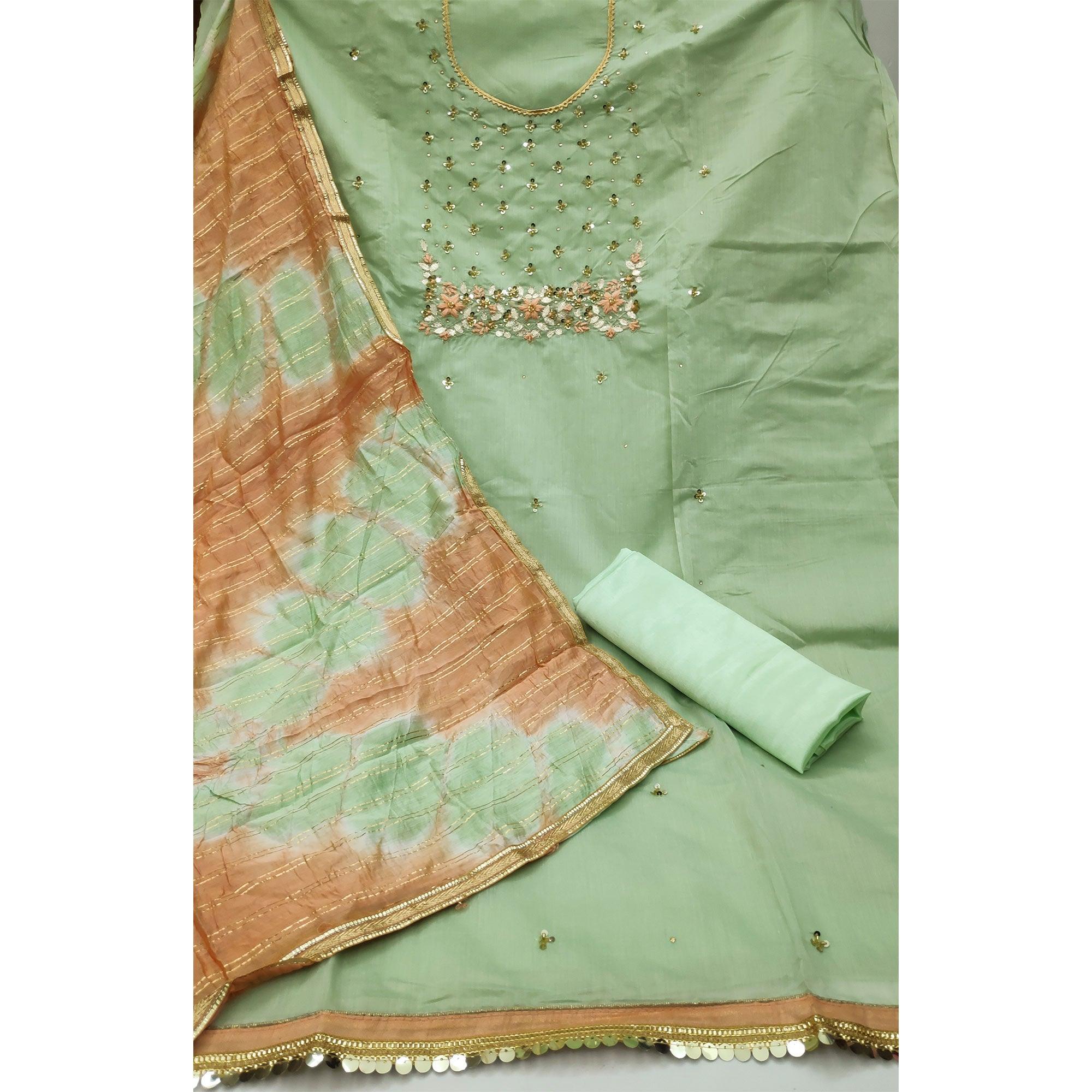 Green Festive Wear Floral Handwork Modal Chanderi Dress Material - Peachmode