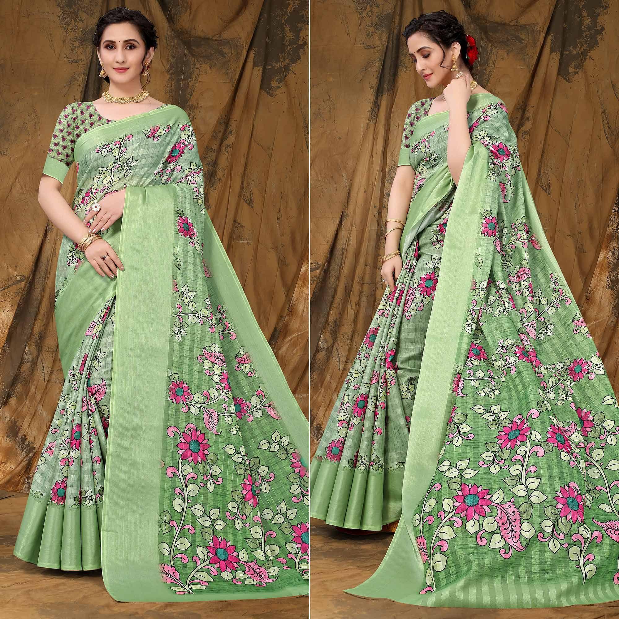 Green Festive Wear Floral Printed Art Silk Saree - Peachmode