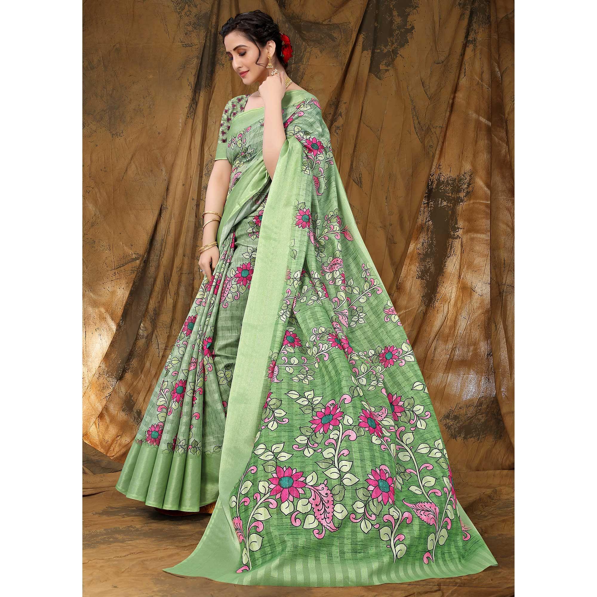 Green Festive Wear Floral Printed Art Silk Saree - Peachmode