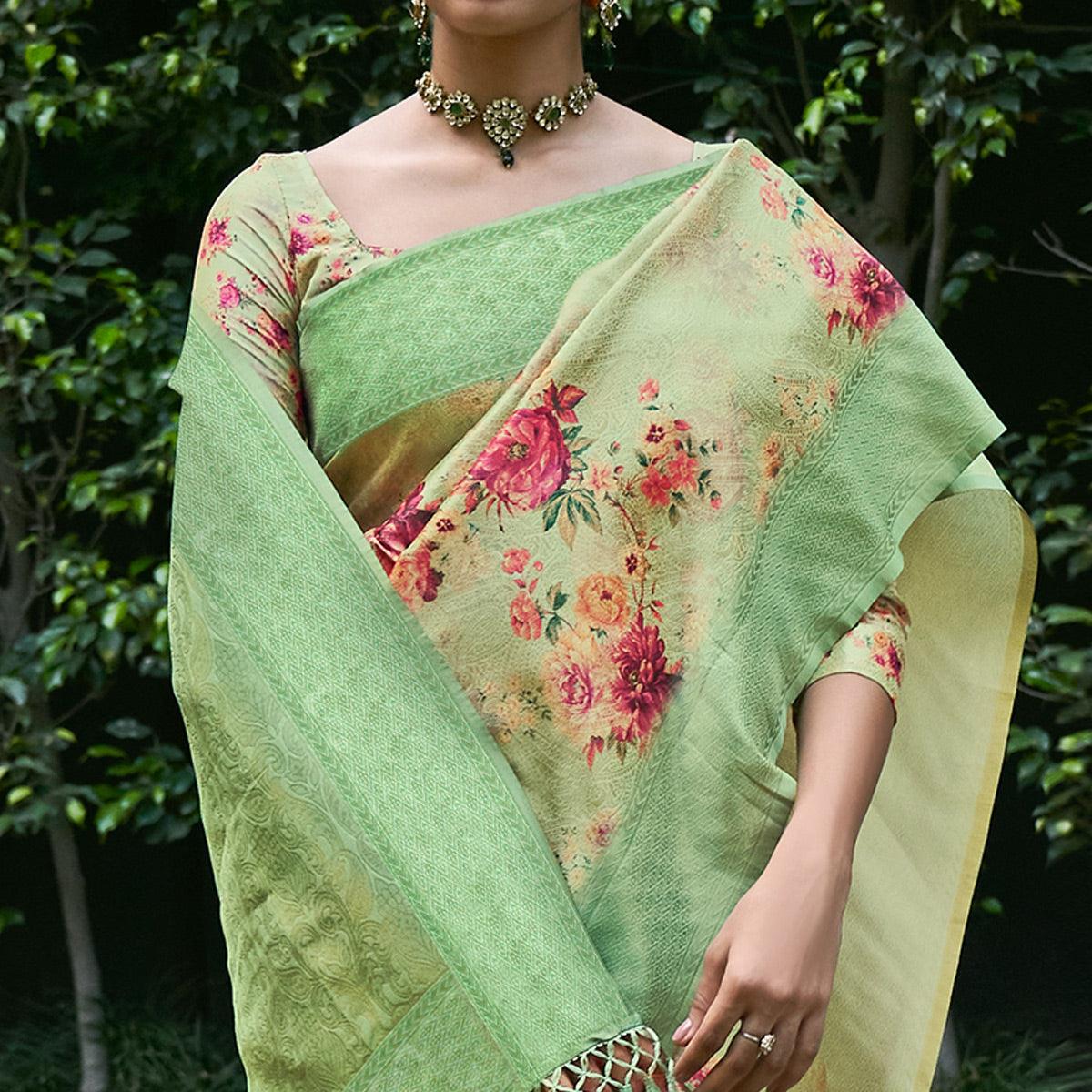 Green Festive Wear Floral Printed Silk Saree With Woven Border - Peachmode