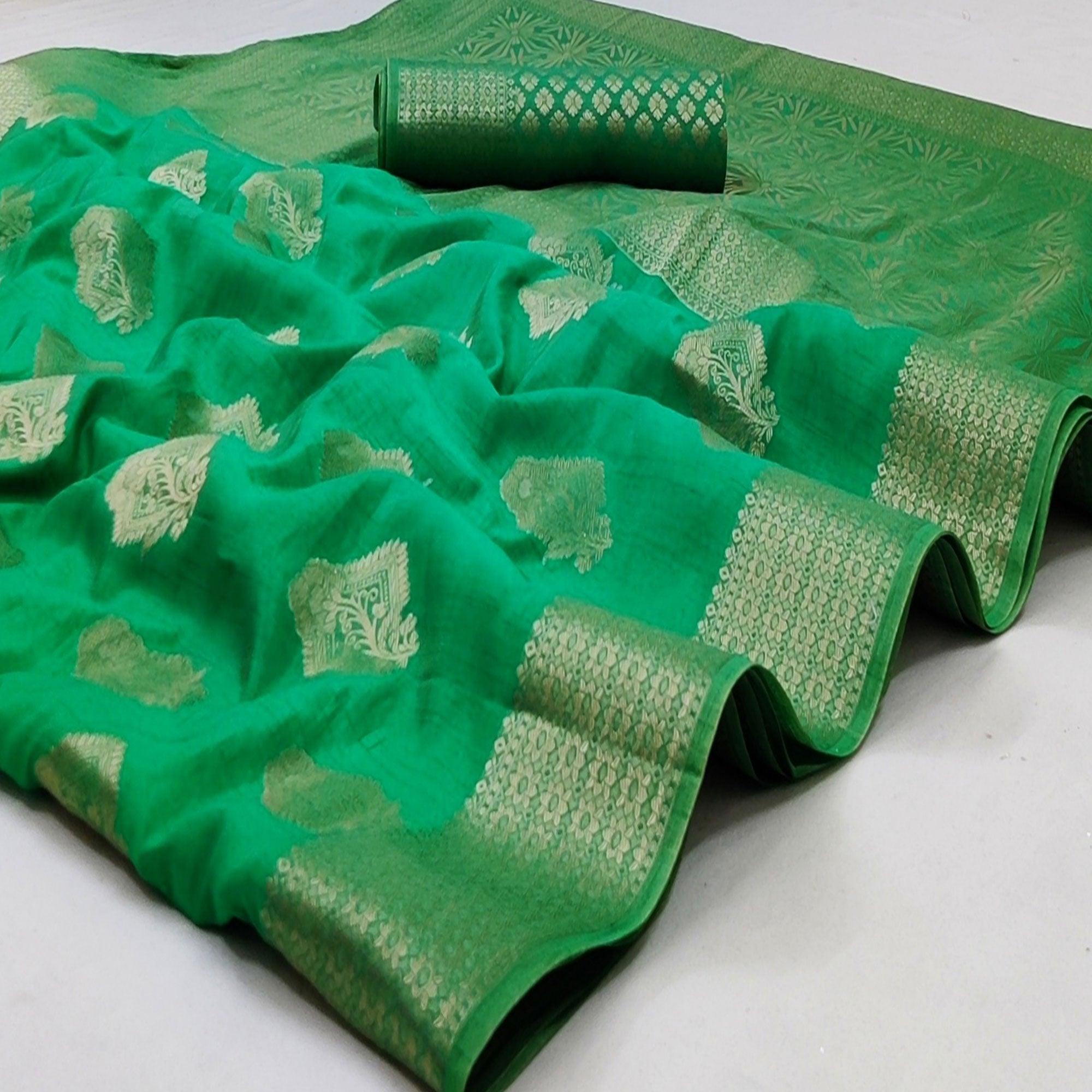 Green Festive Wear Floral Woven Art Silk Saree - Peachmode