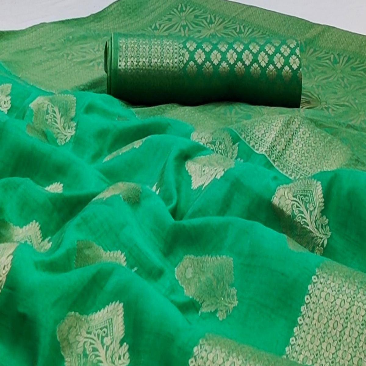 Green Festive Wear Floral Woven Art Silk Saree - Peachmode