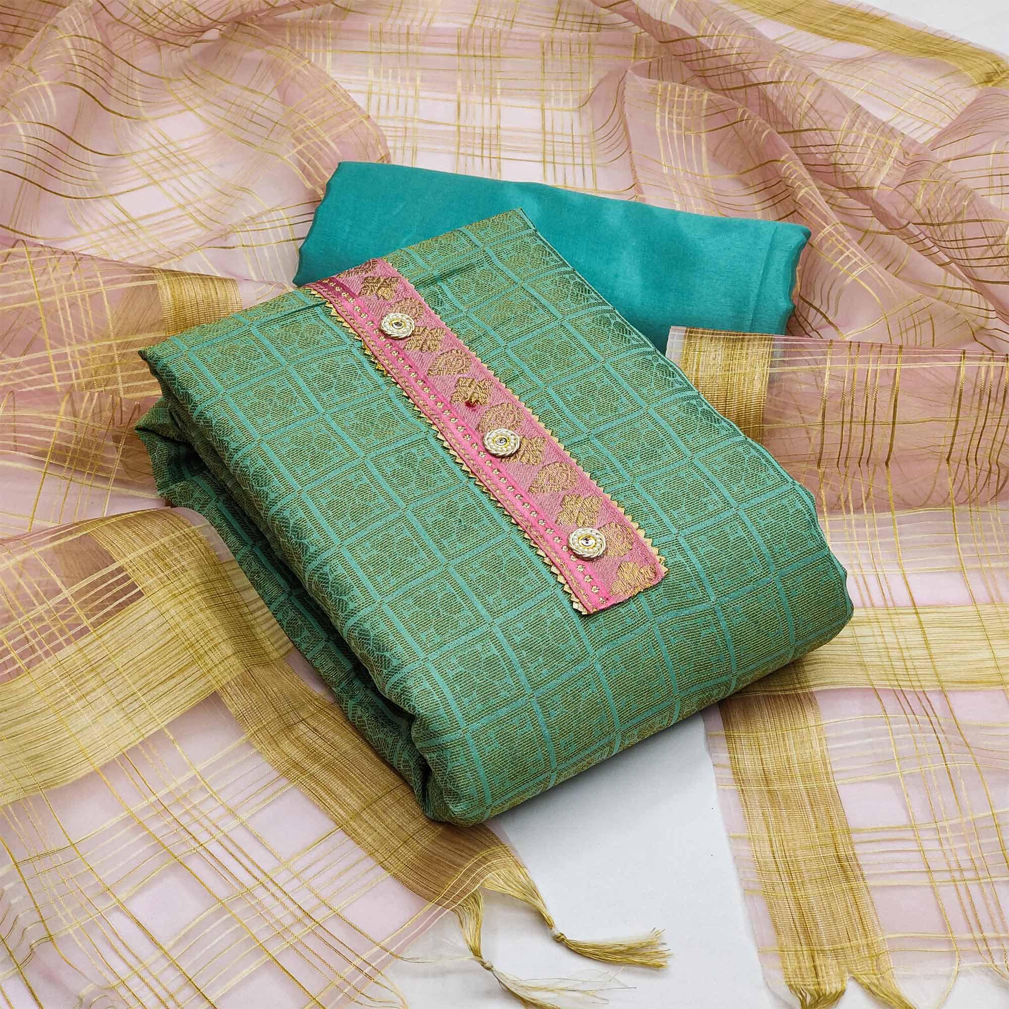 Green Festive Wear Floral Woven Banarasi Silk Jacquard Dress Material - Peachmode