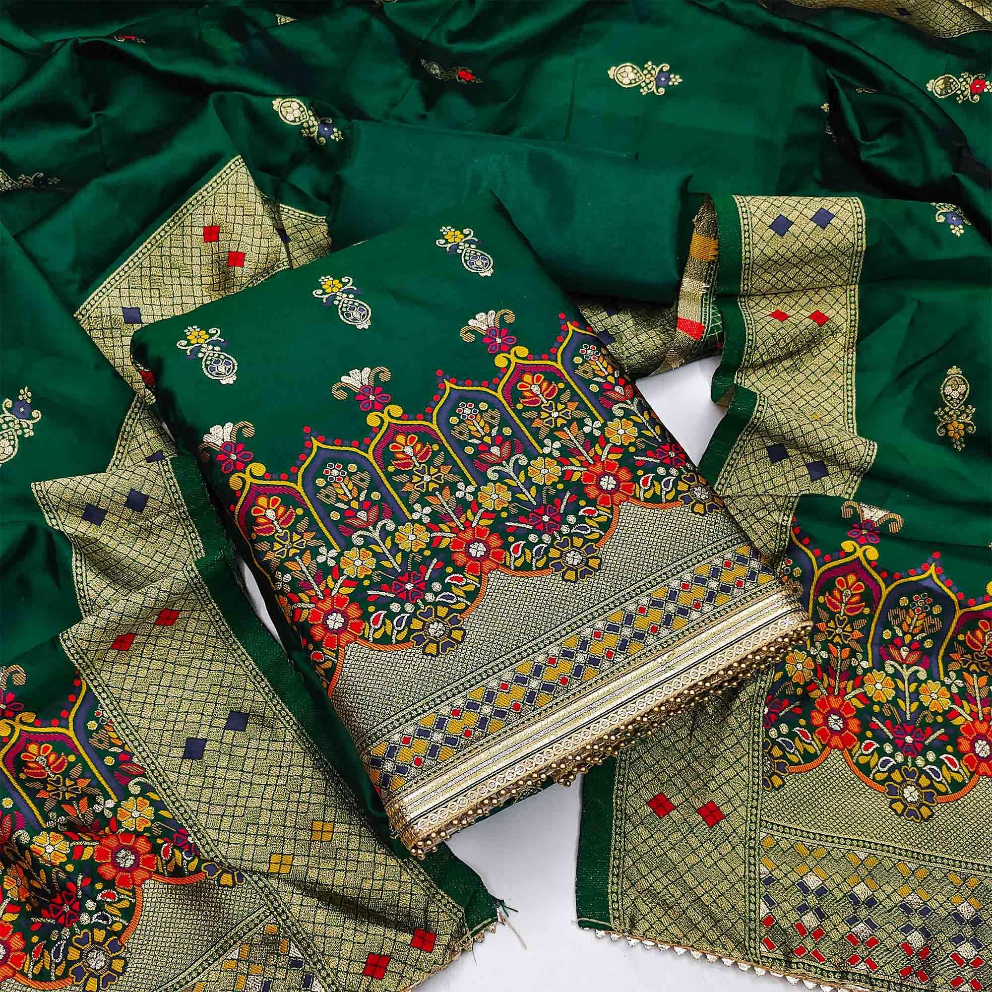Green Festive Wear Floral Woven Banarasi Silk Jacquard Dress Material - Peachmode