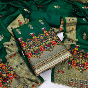 Green Festive Wear Floral Woven Banarasi Silk Jacquard Dress Material - Peachmode
