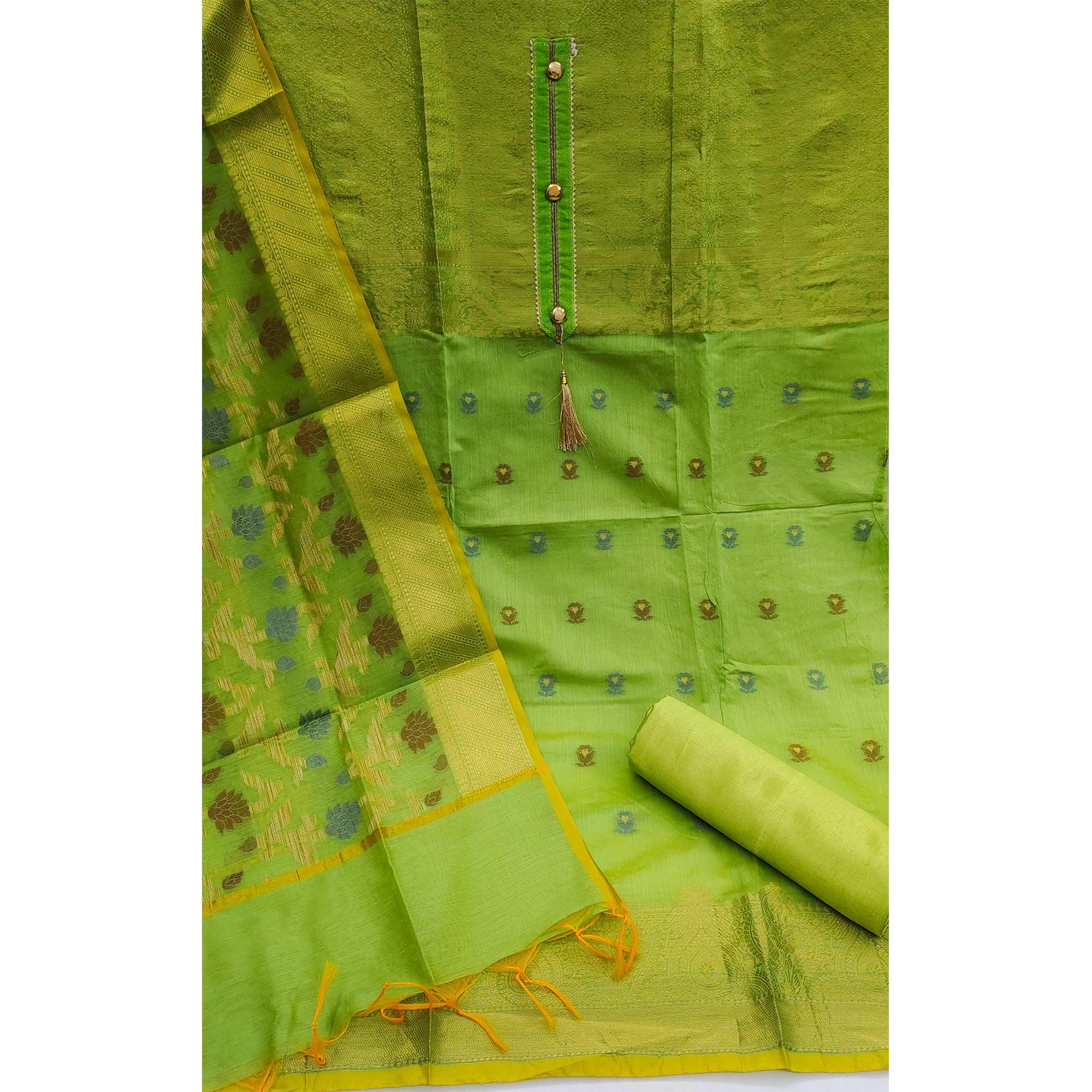 Green Festive Wear Floral Woven Banarasi Silk Jacquard Dress Material - Peachmode