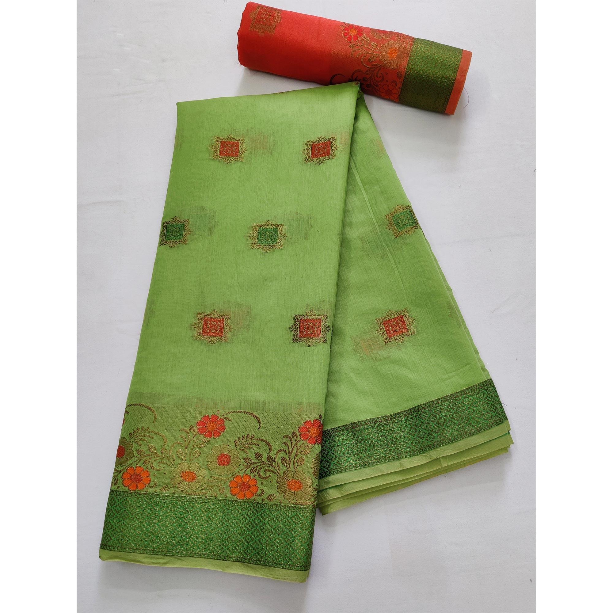 Green Festive Wear Floral Woven Border With Butta Work Cotton Saree - Peachmode