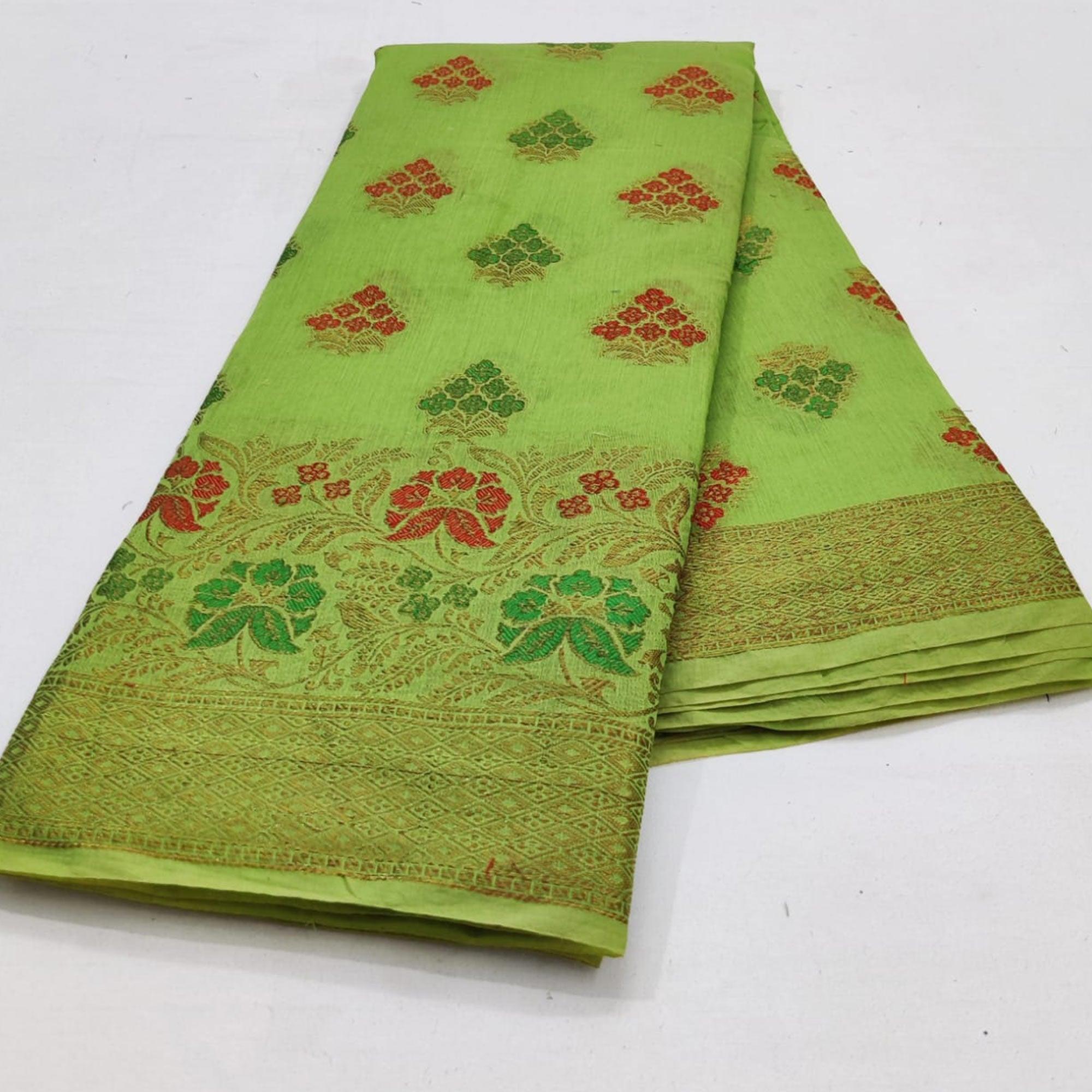 Green Festive Wear Floral Woven Cotton Saree With Meena Butta Pallu - Peachmode