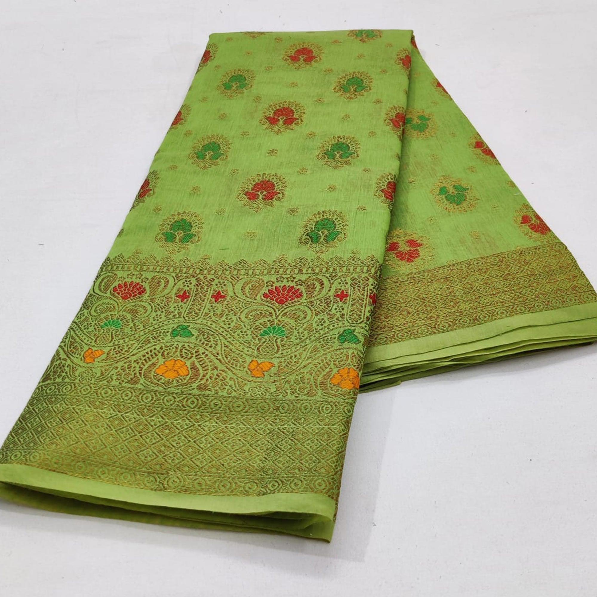Green Festive Wear Floral Woven Cotton Saree With Meena Butta Pallu - Peachmode