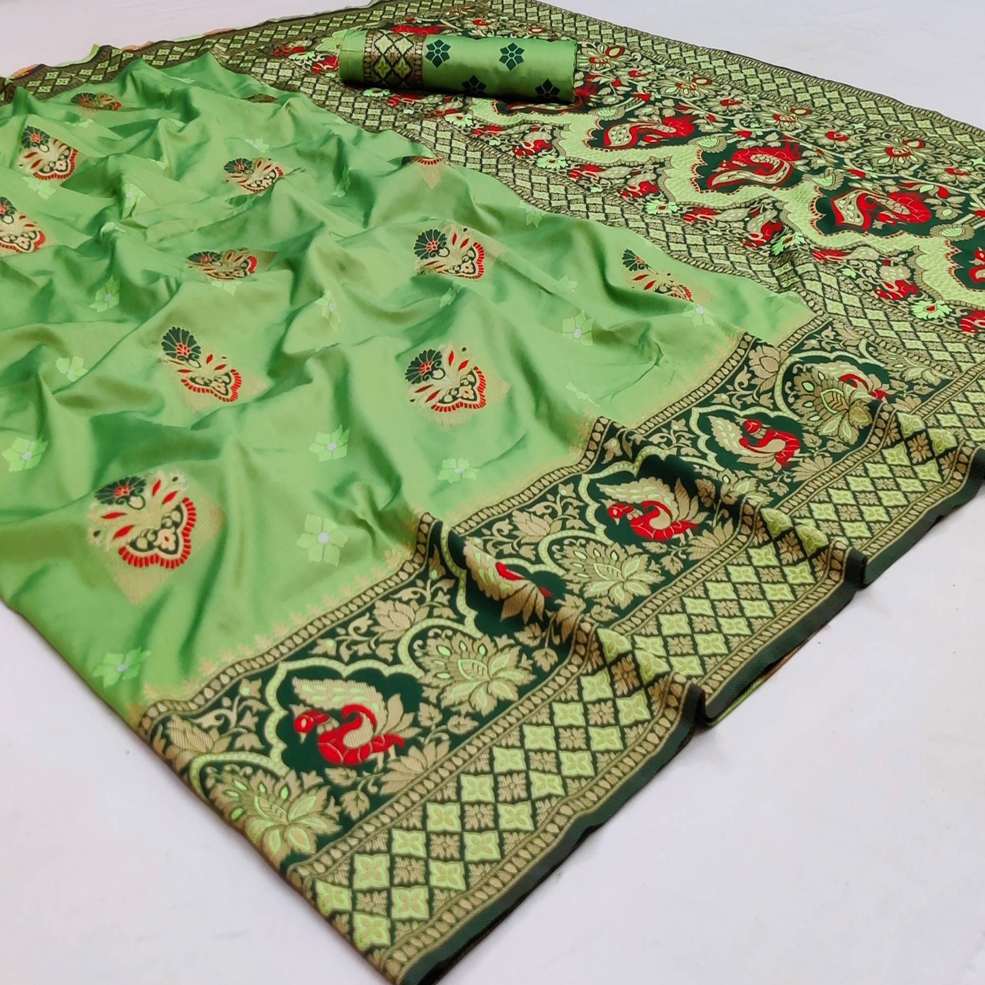 Green Festive Wear Floral Woven Designer Soft Silk Banarasi Saree - Peachmode