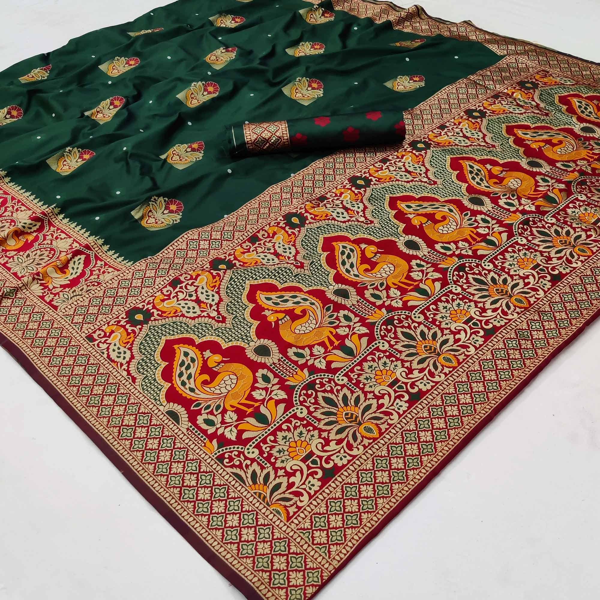 Green Festive Wear Floral Woven Designer Soft Silk Banarasi Saree - Peachmode