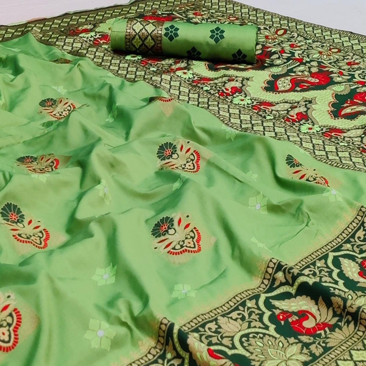 Green Festive Wear Floral Woven Designer Soft Silk Banarasi Saree - Peachmode
