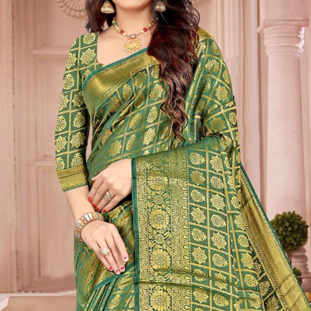 Green Festive Wear Floral Woven Kanjeevaram Silk Saree - Peachmode