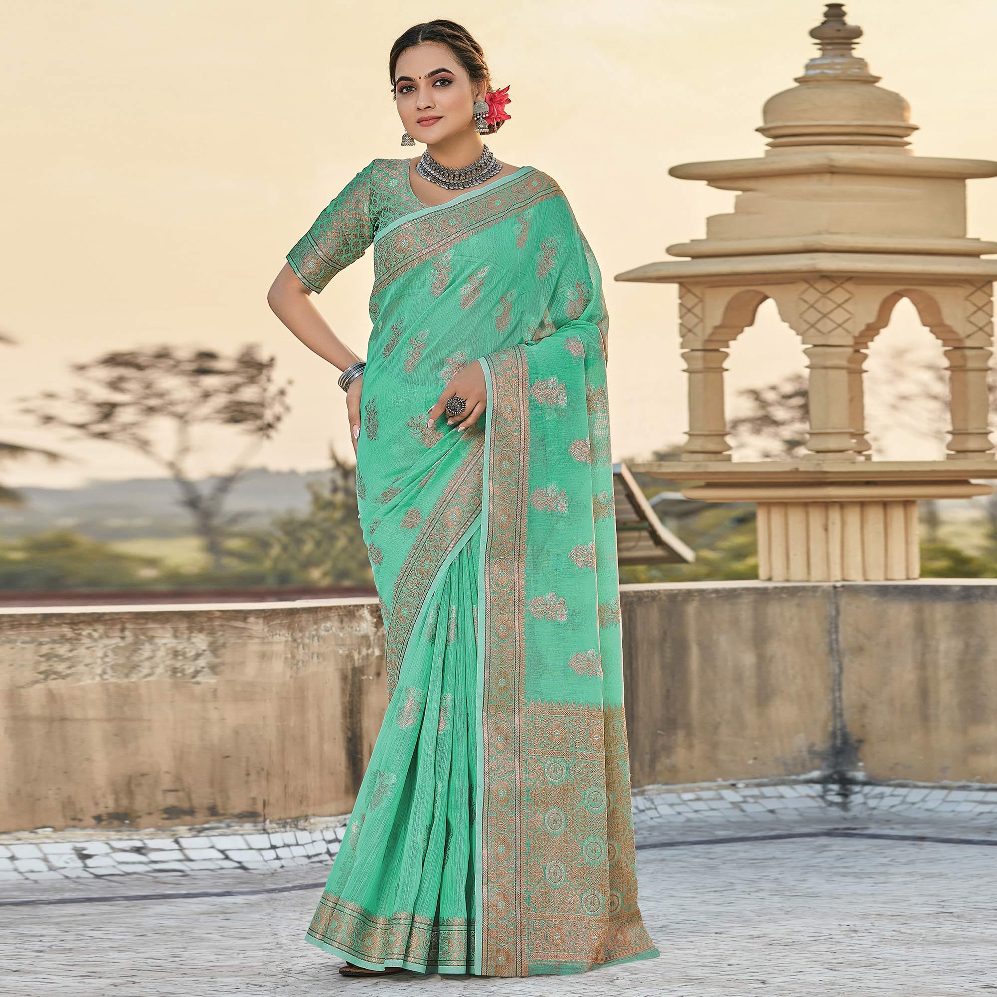 Green Festive Wear Floral Woven Linen Saree - Peachmode