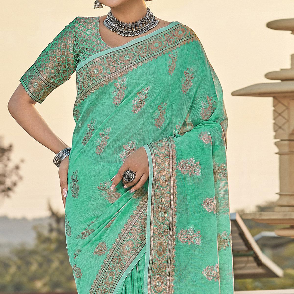 Green Festive Wear Floral Woven Linen Saree - Peachmode
