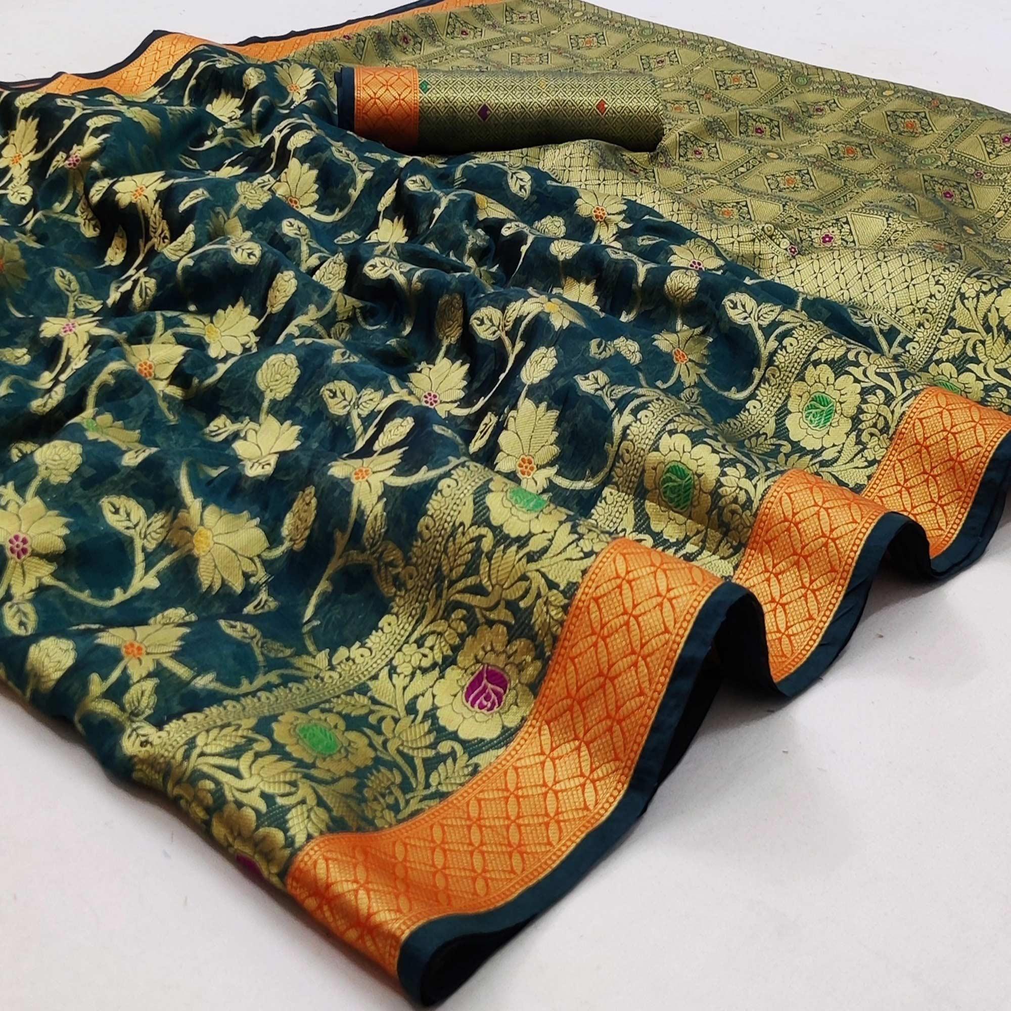 Green Festive Wear Floral Woven Organza Saree - Peachmode