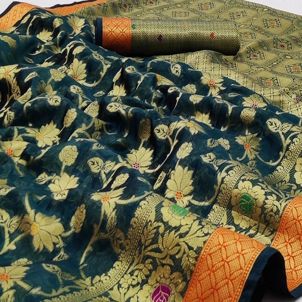 Green Festive Wear Floral Woven Organza Saree - Peachmode