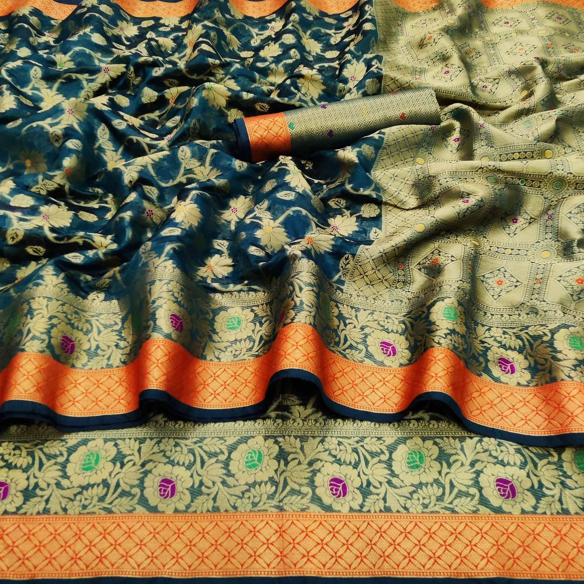 Green Festive Wear Floral Woven Organza Saree - Peachmode