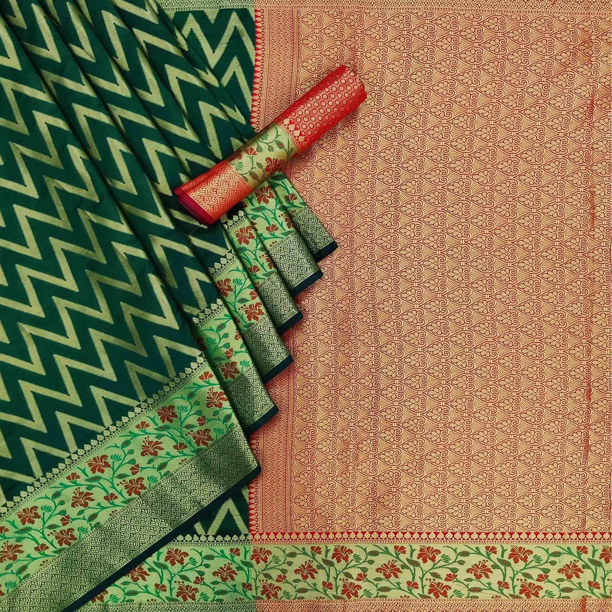 Green Festive Wear Floral Woven Silk Saree - Peachmode