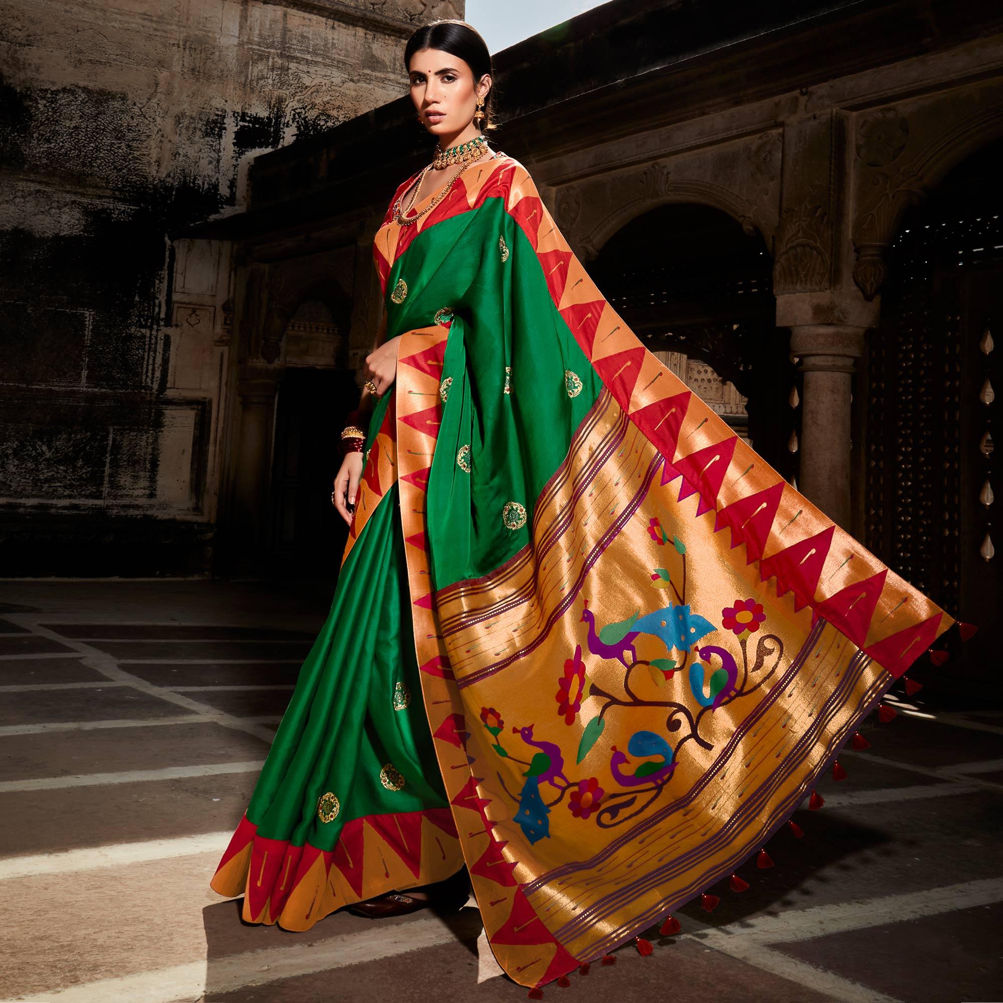 Green Festive Wear Floral Woven Silk Saree - Peachmode